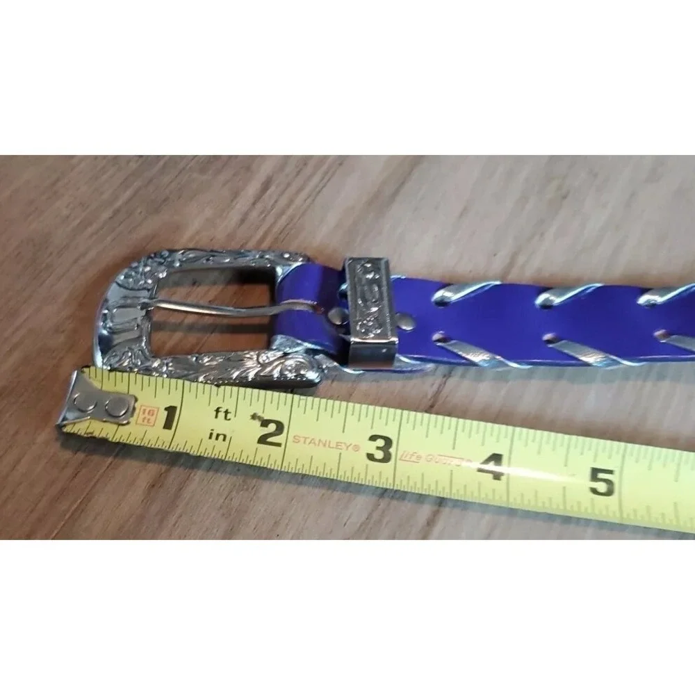 VTG 90s Faux Leather Western Leather Belt Silver‎ Tone Buckle Women M/L Purple